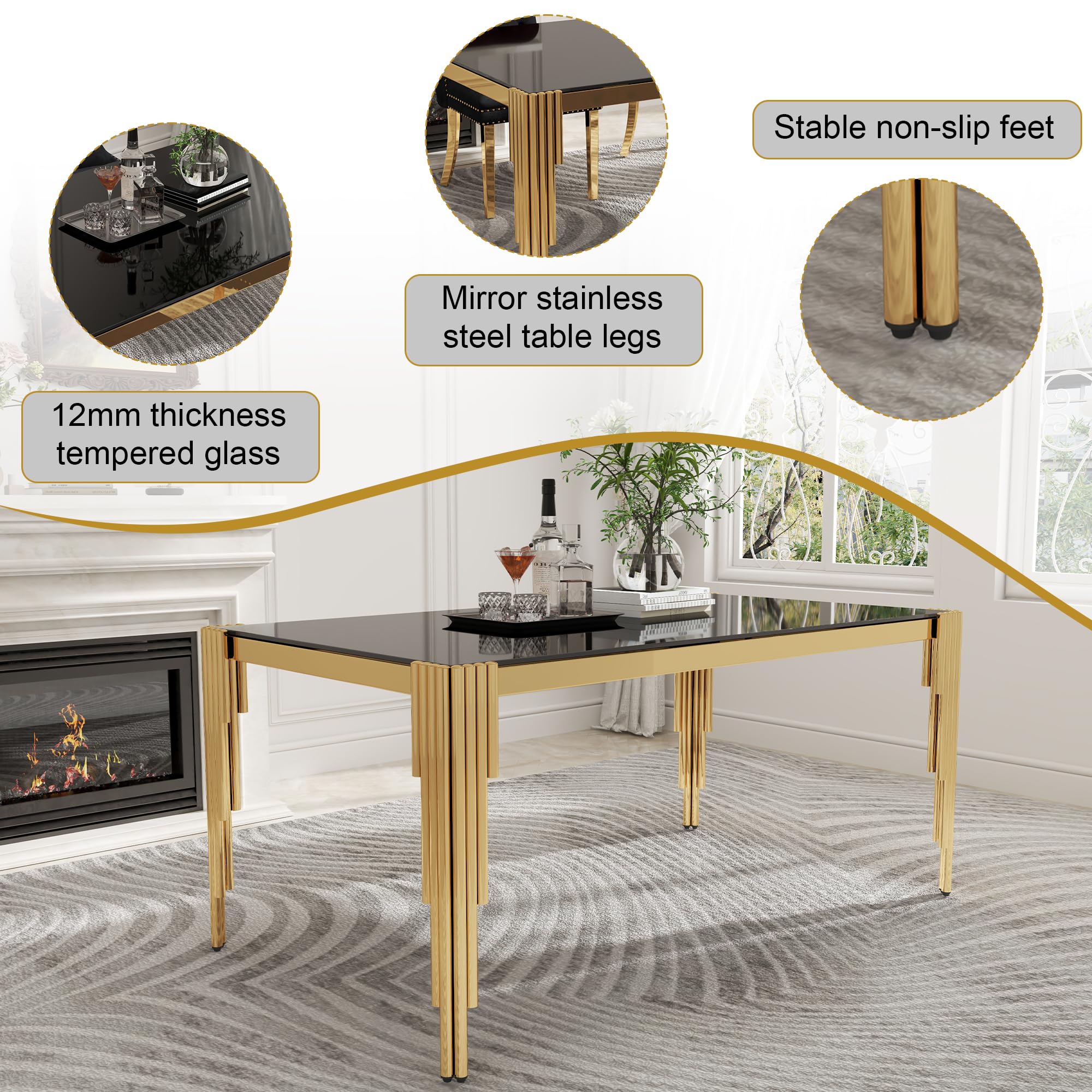 Modern Black Glass Table センターテーブル① Amazon.com - 63'' Modern Glass Dining Table for 4-6 People,Black